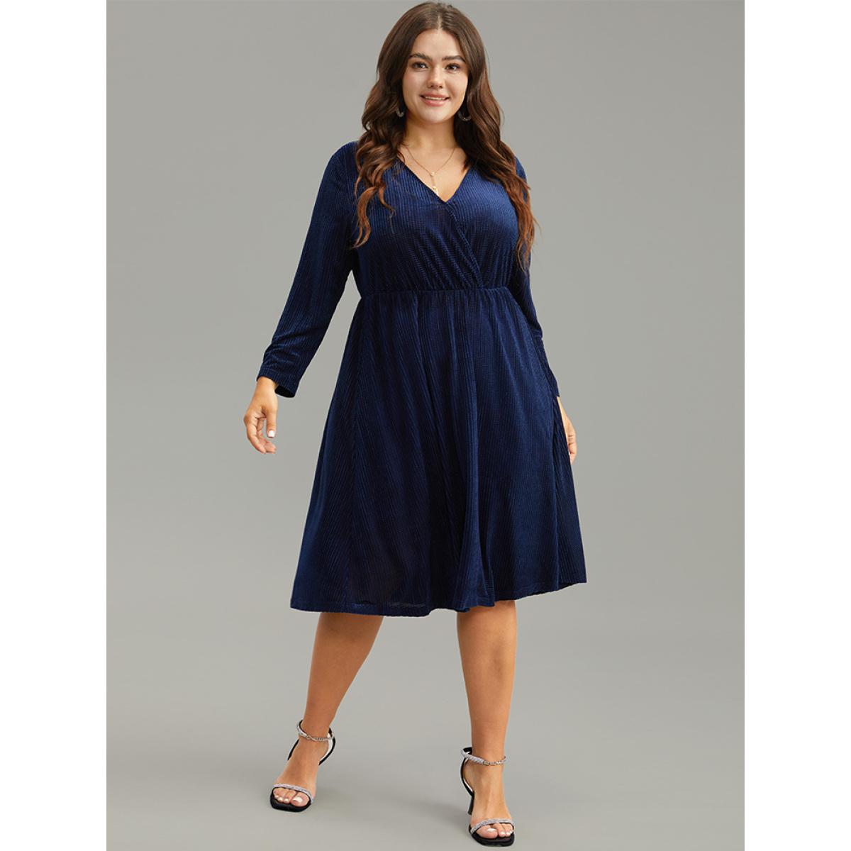 Plus Size Plain Textured Velvet Ruffle Hem Dress Indigo Women Glamour Texture Overlap Collar Long Sleeve Curvy Midi Dress BloomChic 30/6X Product Image