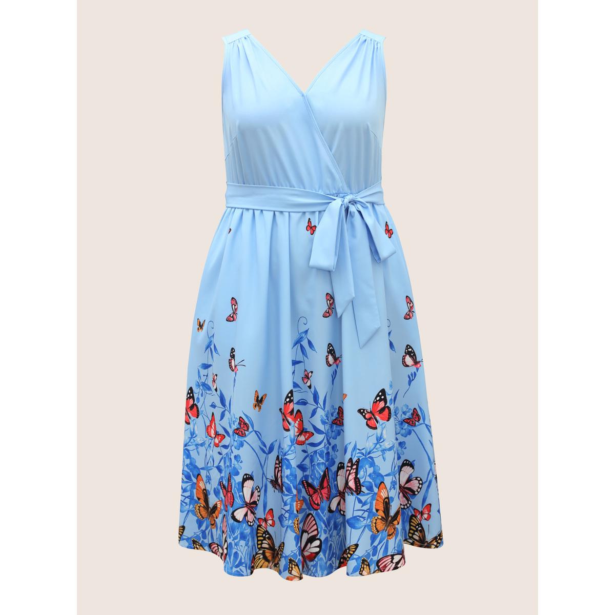 Plus Size Butterfly Print Wrap Gathered Tank Dress LightBlue Women Elegant Gathered Overlap Collar Sleeveless Curvy BloomChic 14-16/1X Product Image