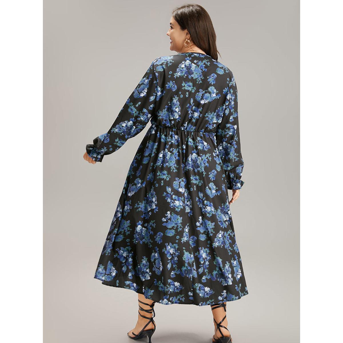 Plus Size Silhouette Floral Print Wrap Pocket Dress Black Women Elegant Gathered V-neck Long Sleeve Curvy Midi Dress BloomChic 12/L Product Image
