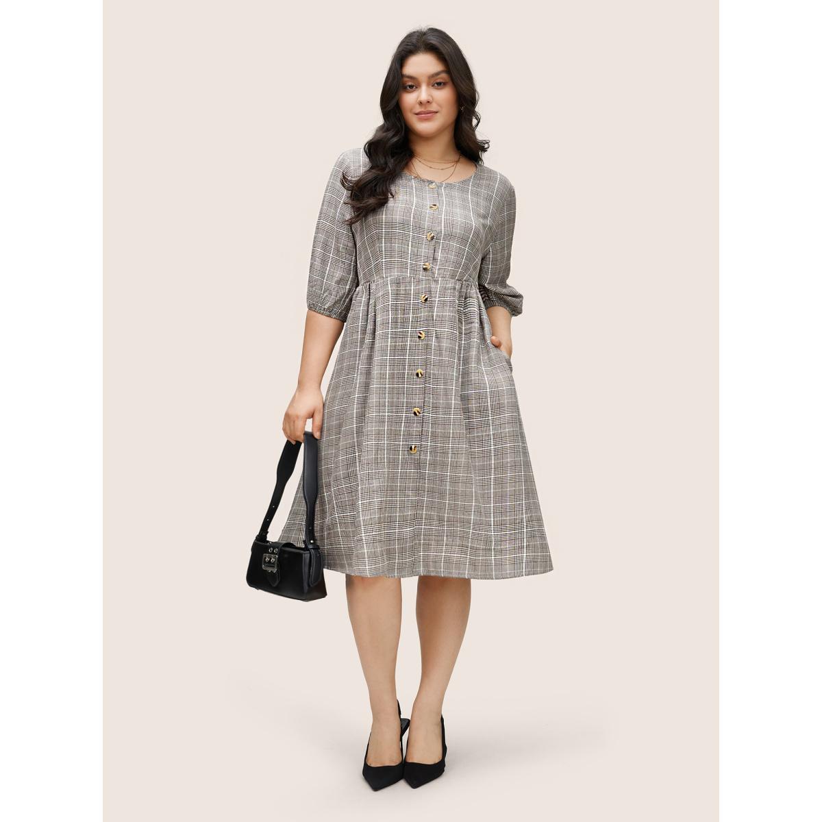 Plus Size Plaid Button Detail Pocket Lantern Sleeve Dress Chocolate Women At the Office Non Round Neck Elbow-length sleeve Curvy Knee Dress BloomChic 18-20/2X Product Image