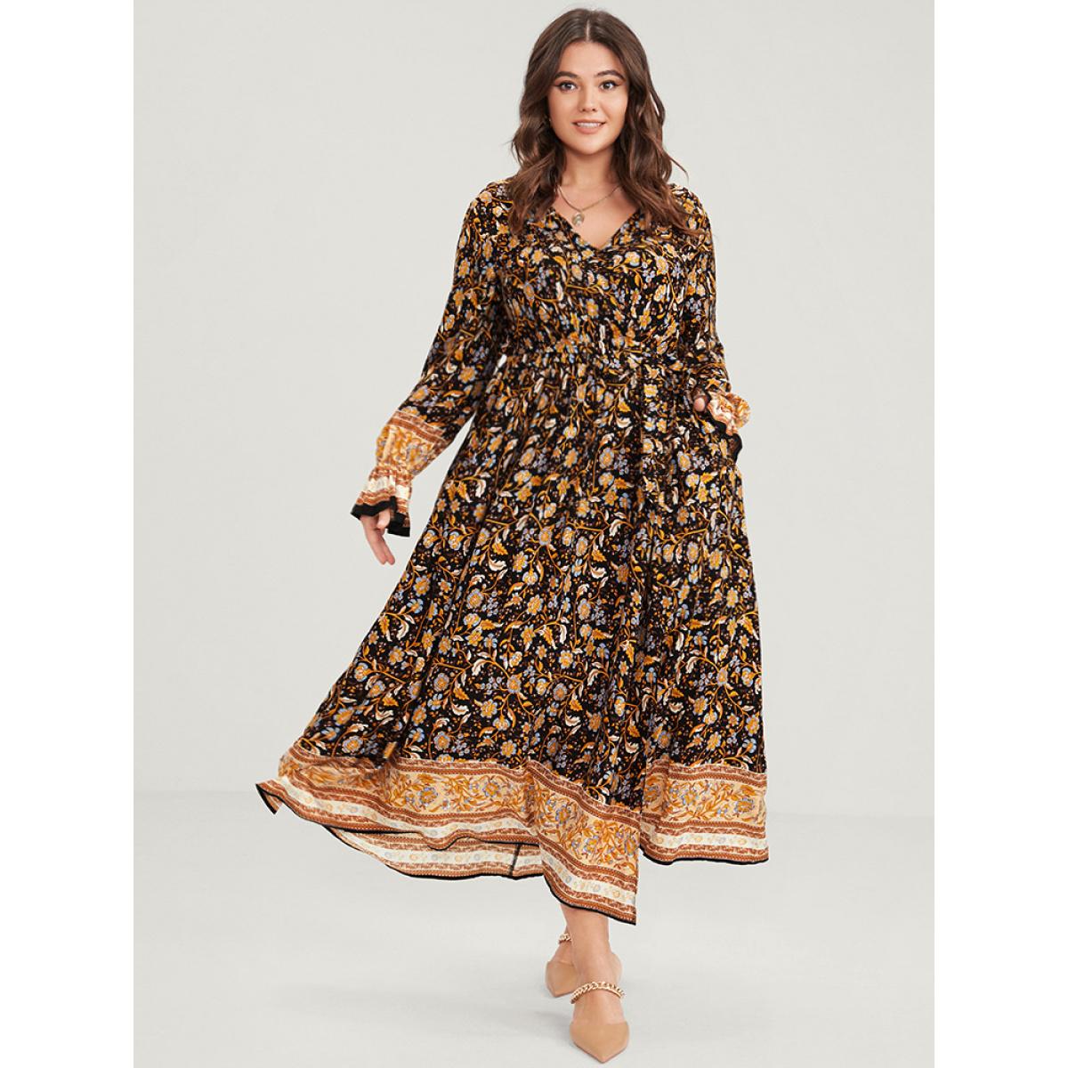 Plus Size Floral Surplice Neck Pocket Lantern Sleeve Split Maxi Dress Black Women Vacation Pocket V-neck Long Sleeve Curvy Long Dress BloomChic 22-24/3X Product Image