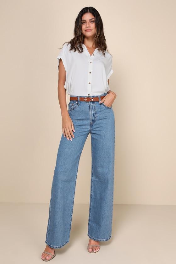 Ribcage Medium Wash Wide-Leg High-Waisted Denim Jeans Product Image