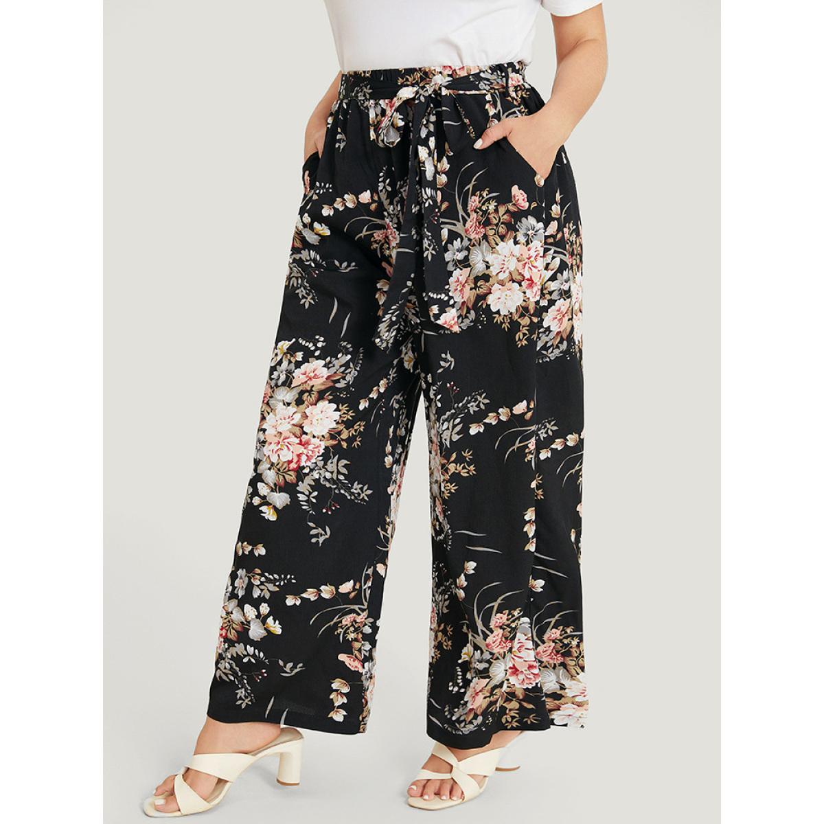 Plus Size Floral Pocket High Rise Wide Leg Belt Pants Women BlackFlower Elegant Loose High Rise Dailywear Pants BloomChic 18-20/2X Product Image