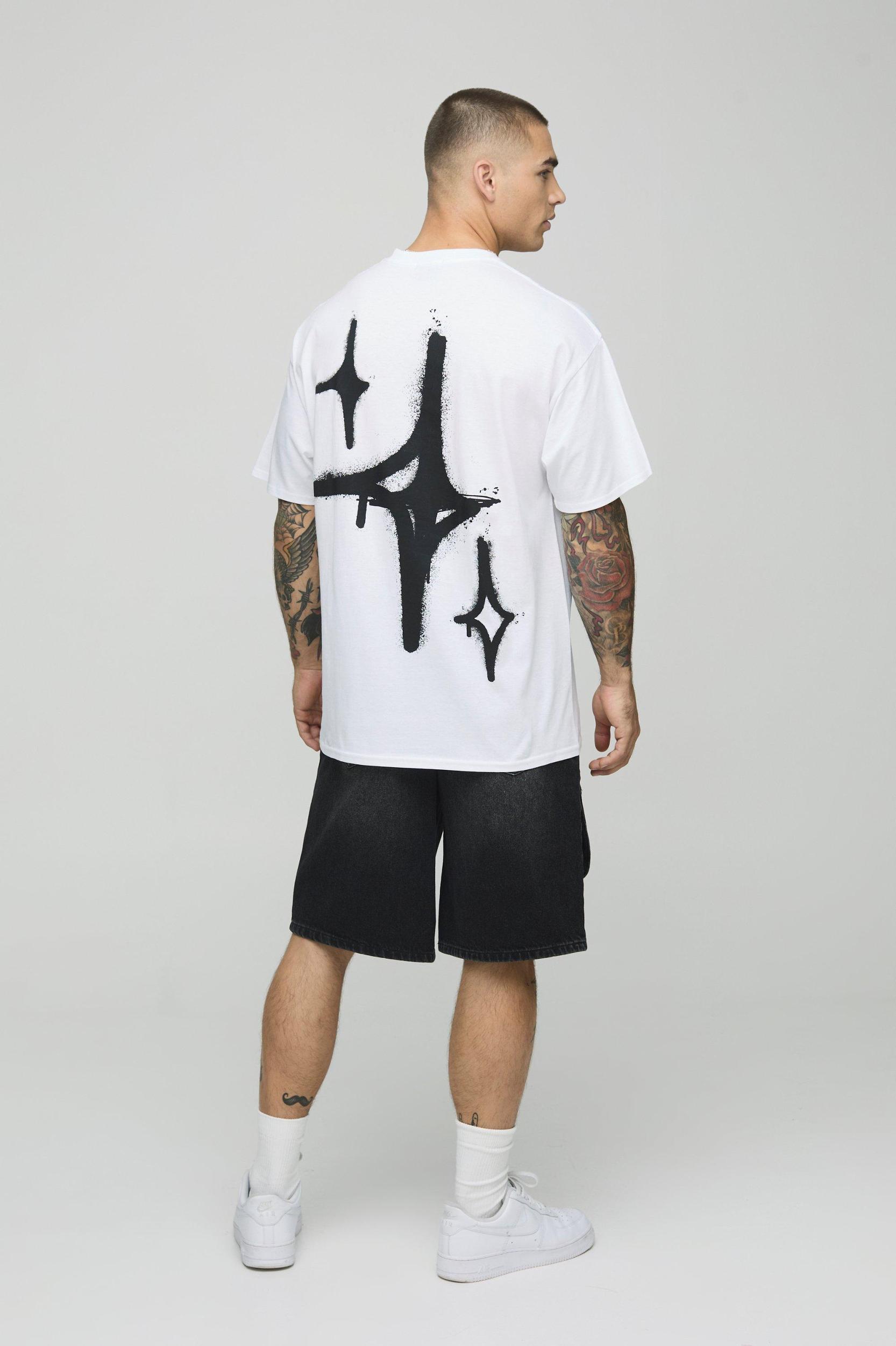 White Oversized Graffiti Spray Star T-Shirt | boohooMAN USA Product Image