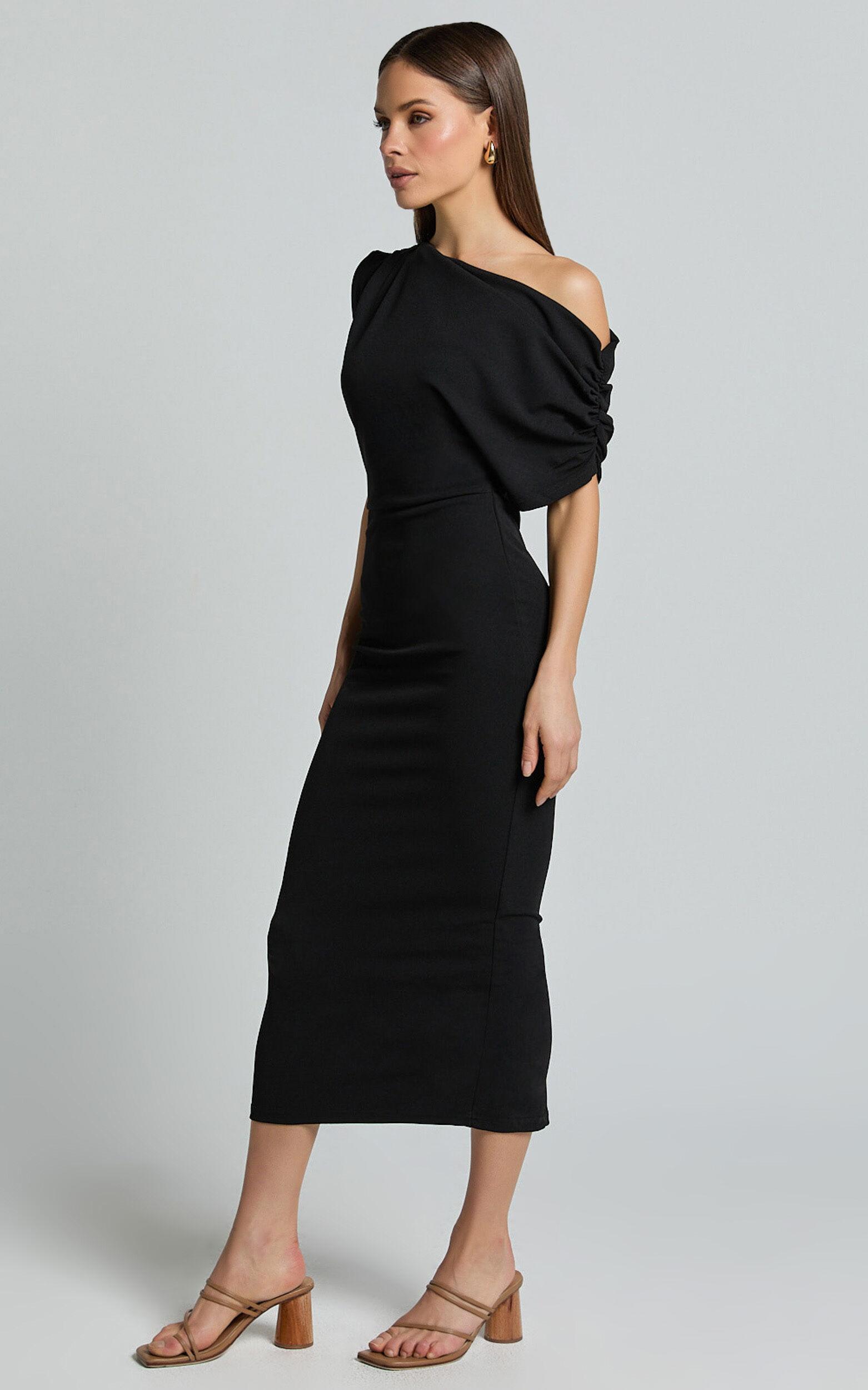 Nalfie Midi Dress - Tipped Shoulder Jersey Drape Dress in Black Product Image