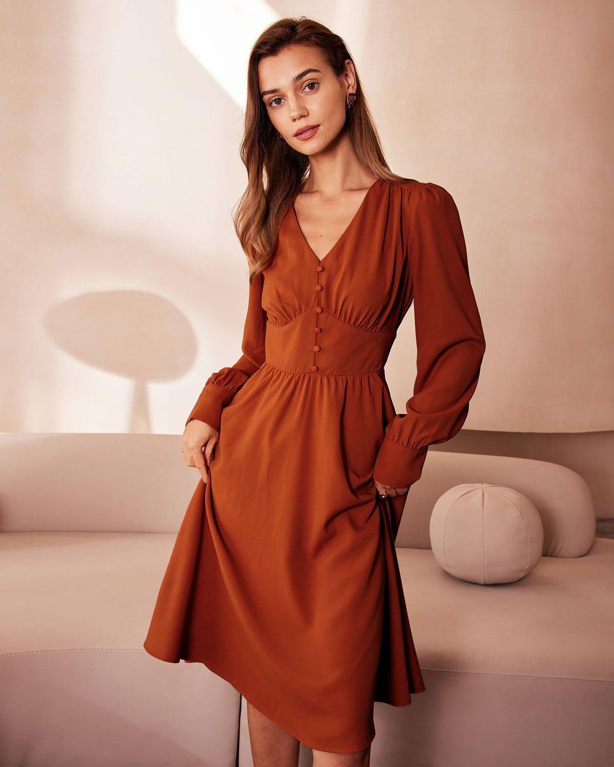 The Orange V Neck Pleated Button Midi Dress Product Image