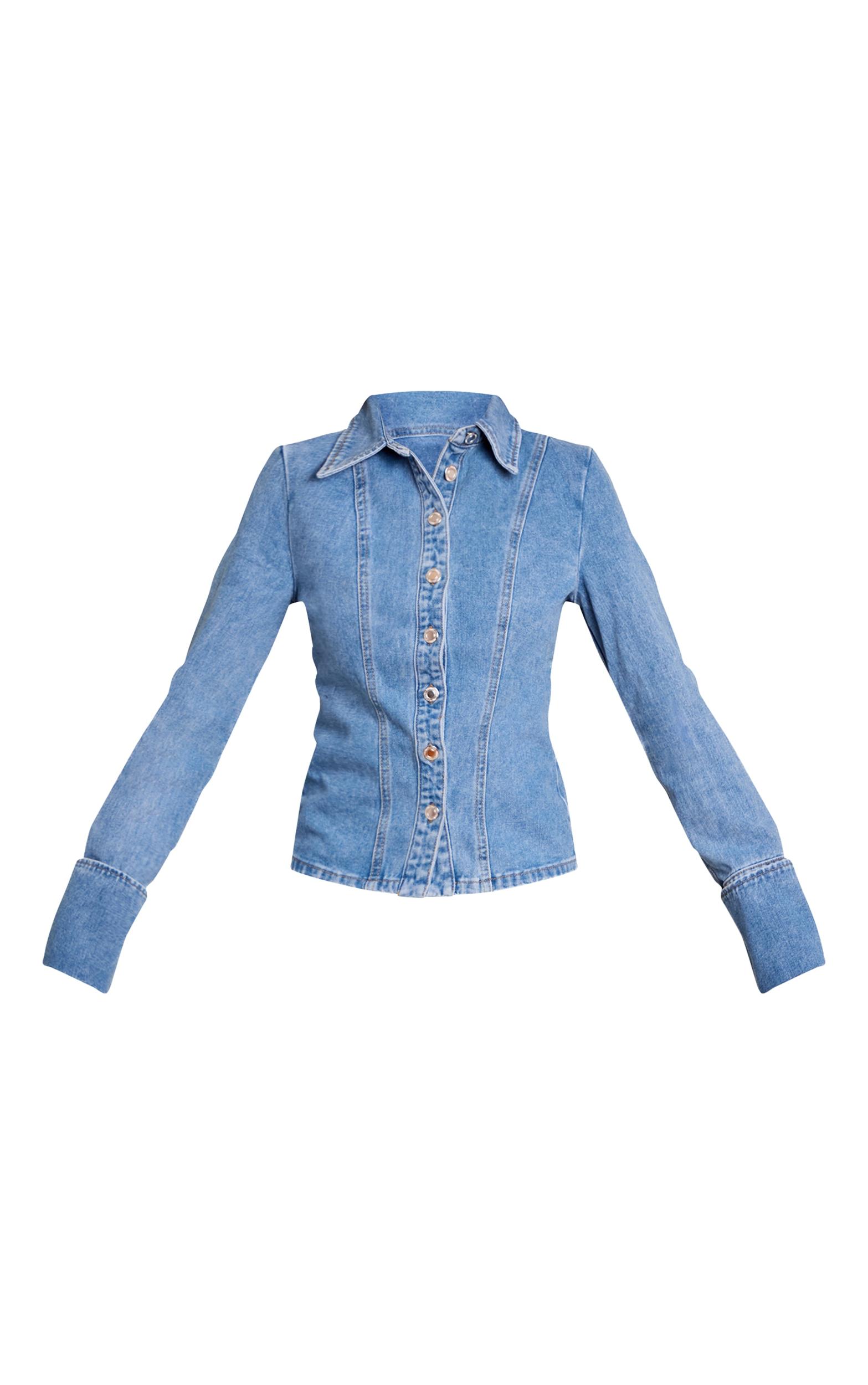  Mid Blue Wash Long Sleeve Cinch Waist Denim Shirt Product Image