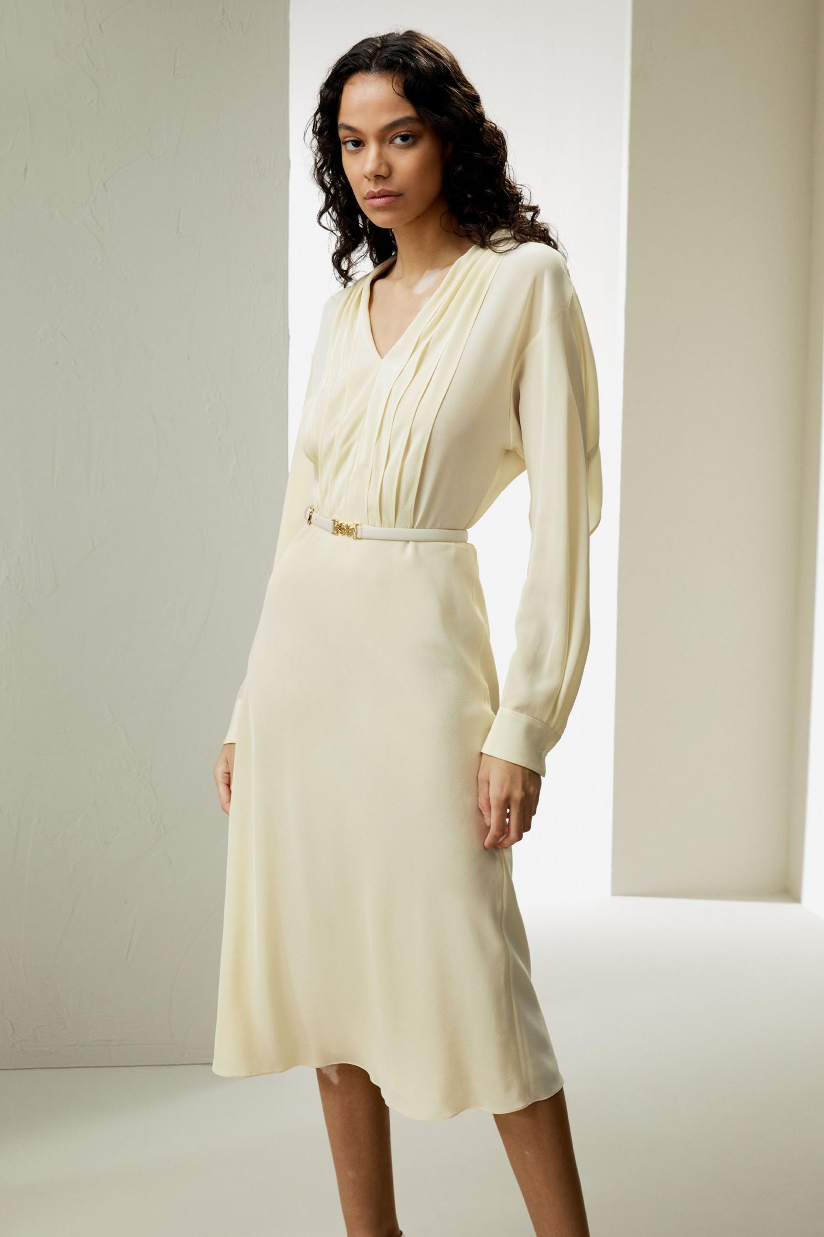 LILYSILK Women's Minimalist Silk Crepe de Chine V-Neck Midi Dress Lily White, Size 14 Product Image