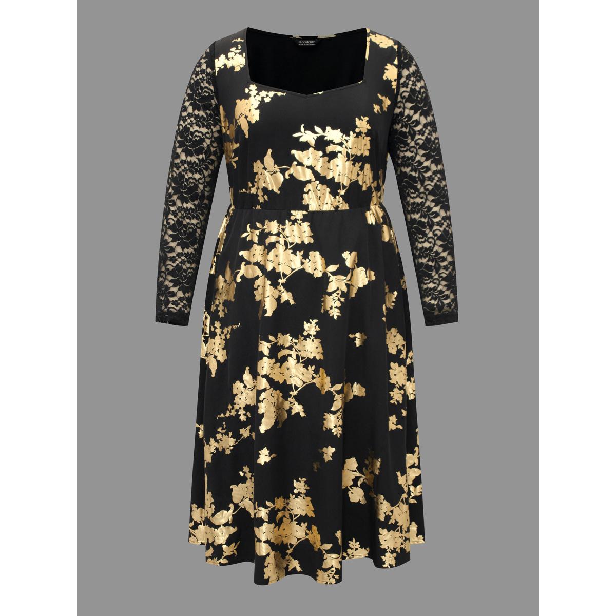 Plus Size Glitter Floral Crochet Lace Mesh Dress Black Women Cocktail Woven ribbon&lace trim Party Curvy Bloomchic 26/4X Product Image