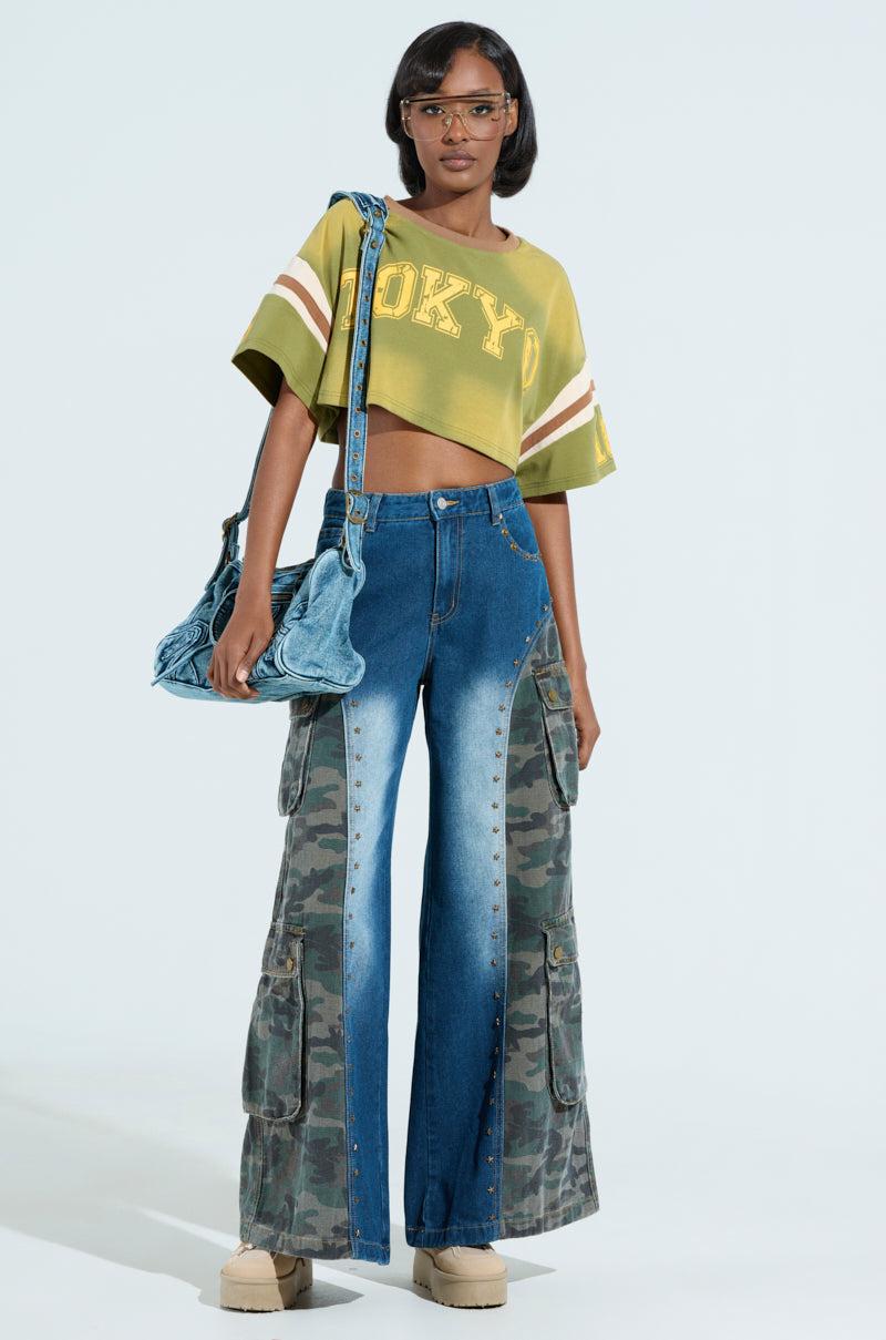 CADET CRAZY CAMO AND DENIM WIDE LEG PANT Product Image