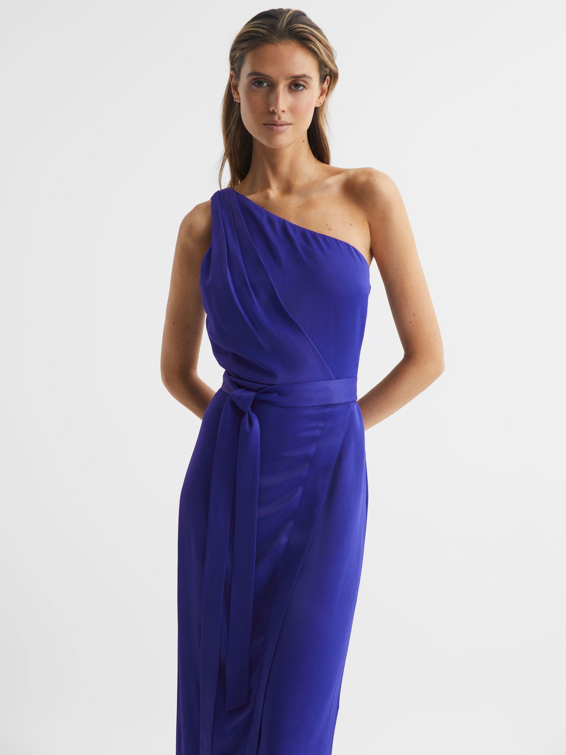 Off-The-Shoulder Satin Midi Dress in Purple Product Image