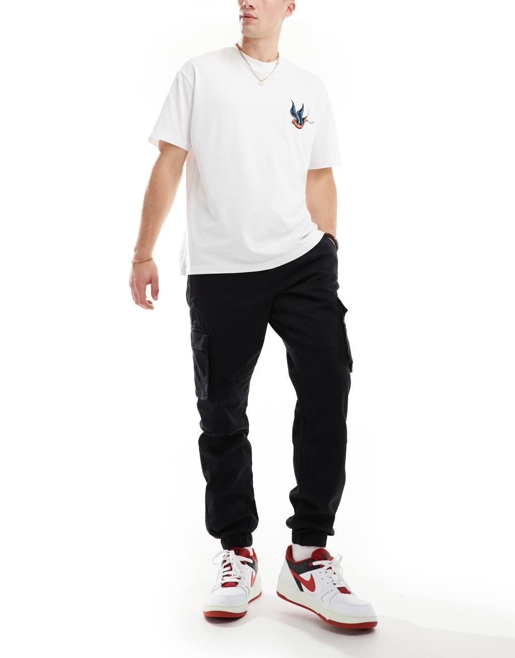 Only & Sons tapered fit cuffed cargo pants in black Product Image