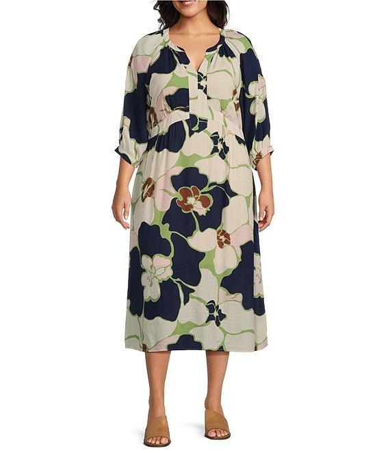 Nurture by Westbound Plus Size Floral V Neck 3/4 Sleeve Midi Dress Product Image