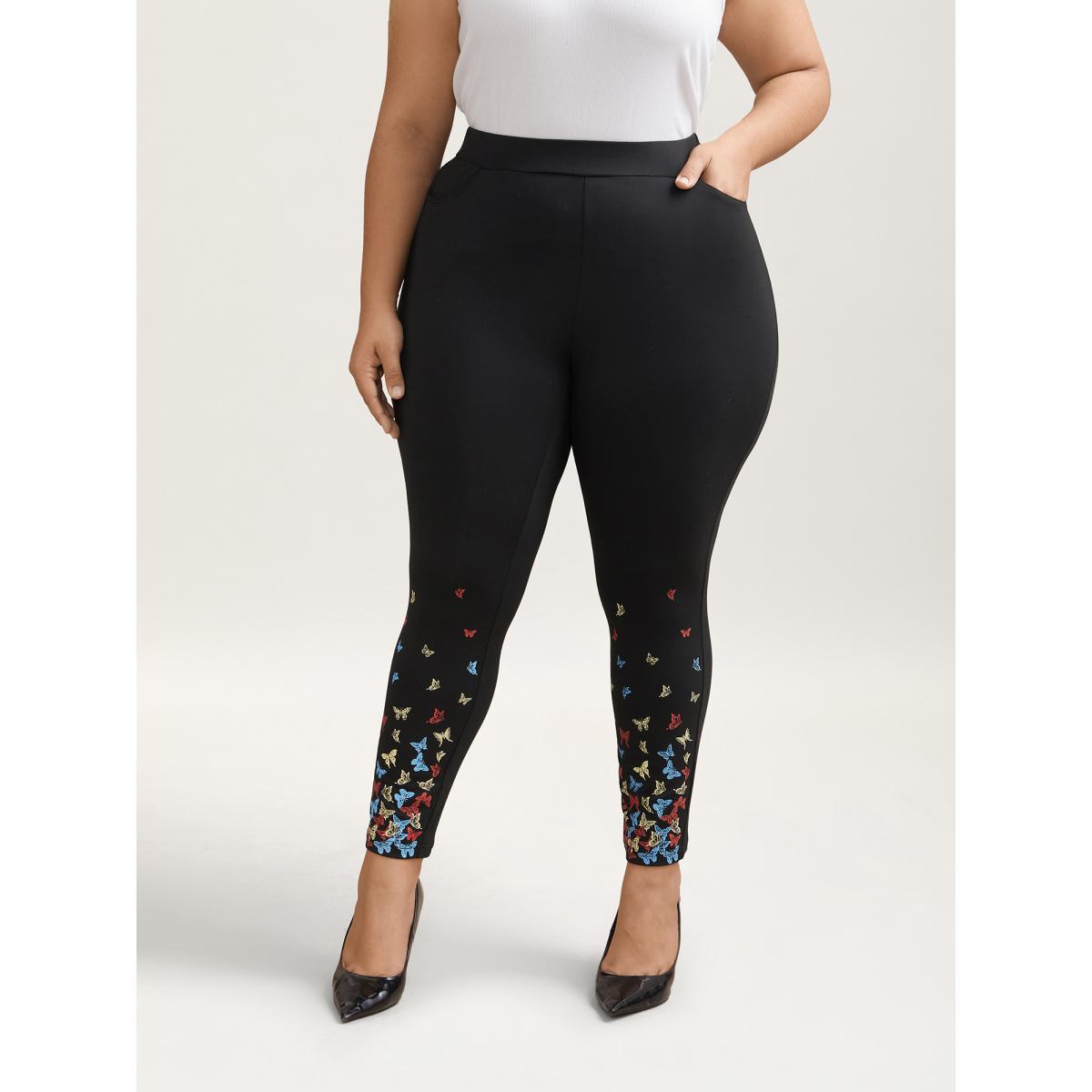Plus Size Super Stretchy Butterfly Print Tight Pants Women Black Elegant High stretch Skinny Mid Rise Everyday Leggings BloomChic 22-24/3X Product Image