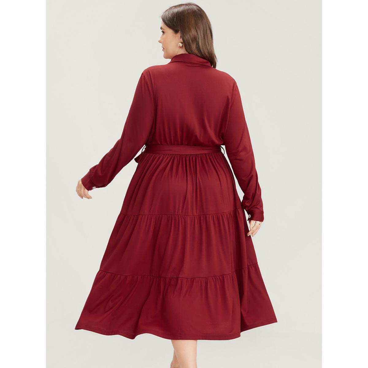 Plus Size Solid Pocket Button Up Belted Flutter Dress Scarlet Women Office Gathered Shirt collar Long Sleeve Curvy Midi Dress BloomChic 30/6X Product Image