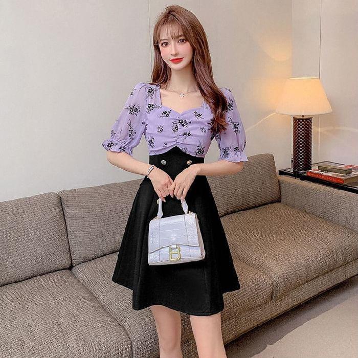Short-Sleeve Floral Panel Double-Breasted A-Line Dress Product Image