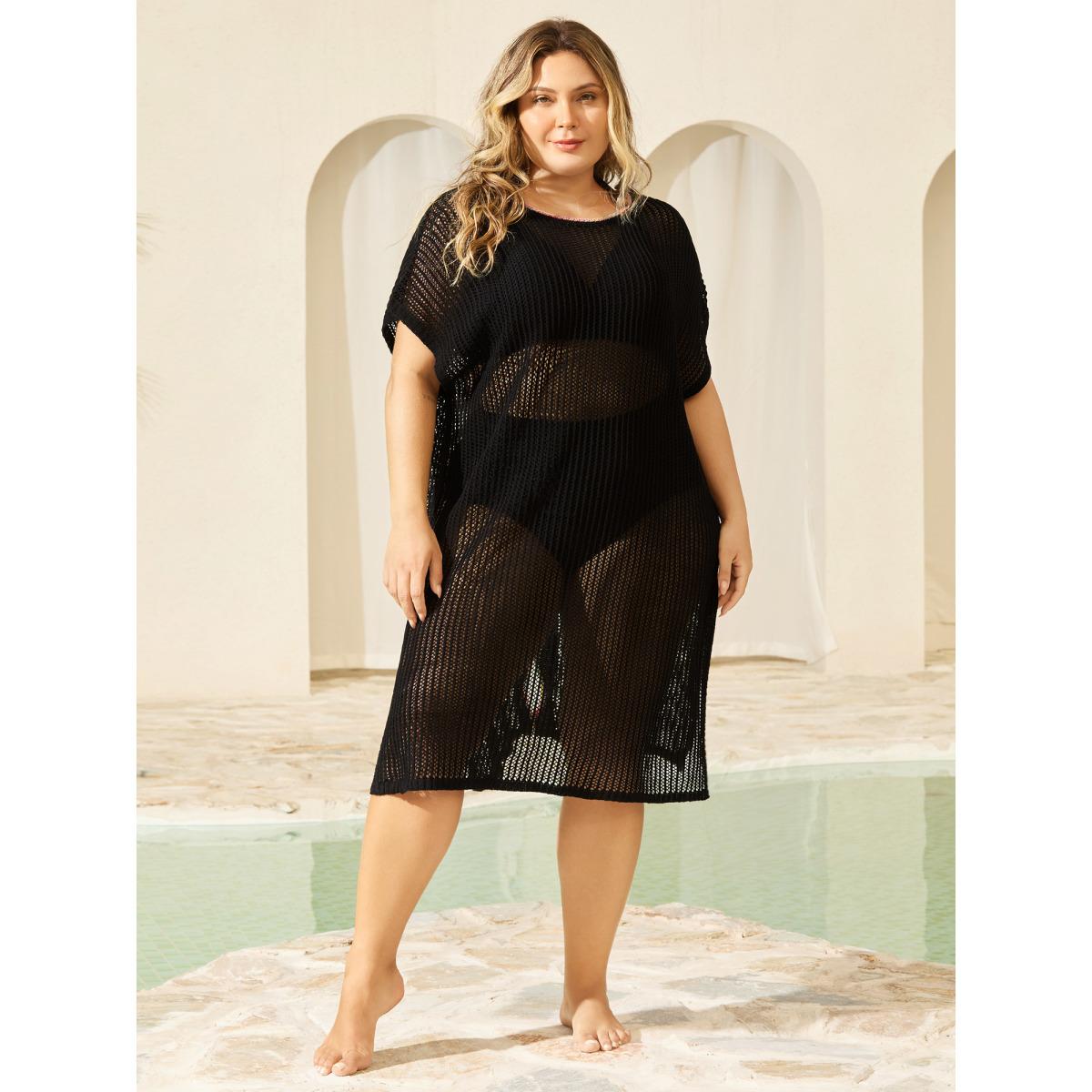 Plus Size Crochet Flower Backless Slit Swim Cover-Up Women's Swimwear Black Beach Loose Curve Swim Cover Ups BloomChic 14-16/1X Product Image