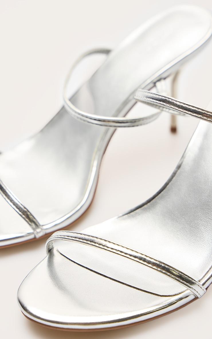Silver Wide Fit Pu Round Toe Strappy Stiletto Heeled Mules Product Image