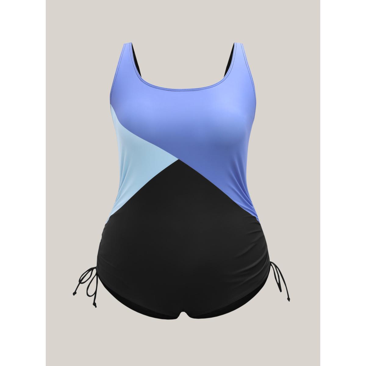 Plus Size Color Block Side Drawstring One-Piece Swimsuit Women's Swimwear Mediumblue Beach Contrast Curve Bathing Suits High stretch One Pieces BloomChic 10/M Product Image