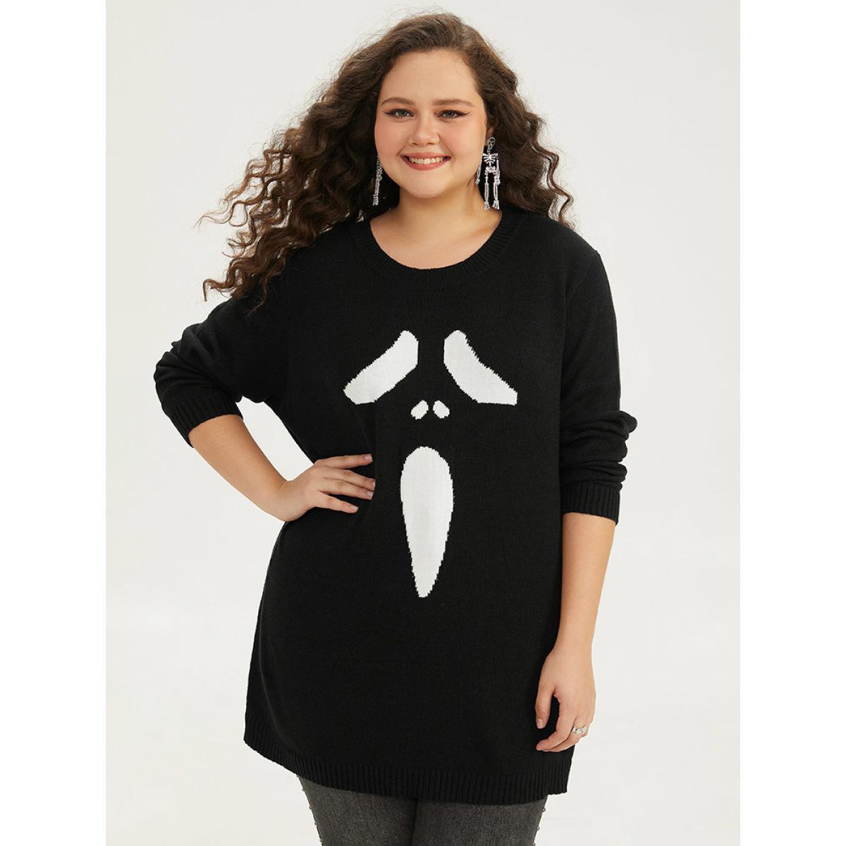 Plus Size Supersoft Essentials Halloween Ghost Face Print Pullover Black Women Casual Loose Long Sleeve Round Neck Festival-Halloween Pullovers BloomChic 28/5X Product Image
