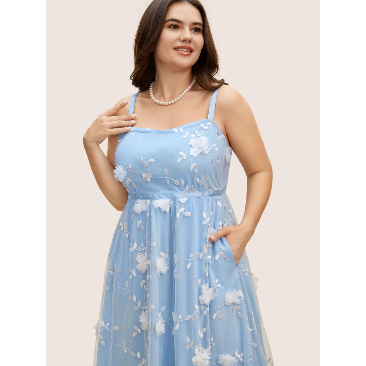 Plus Size Mesh Floral Embroidered Woven Ribbon Cami Dress LightBlue Women Formal Woven ribbon&lace trim Square Neck Sleeveless Curvy BloomChic 12/L Product Image