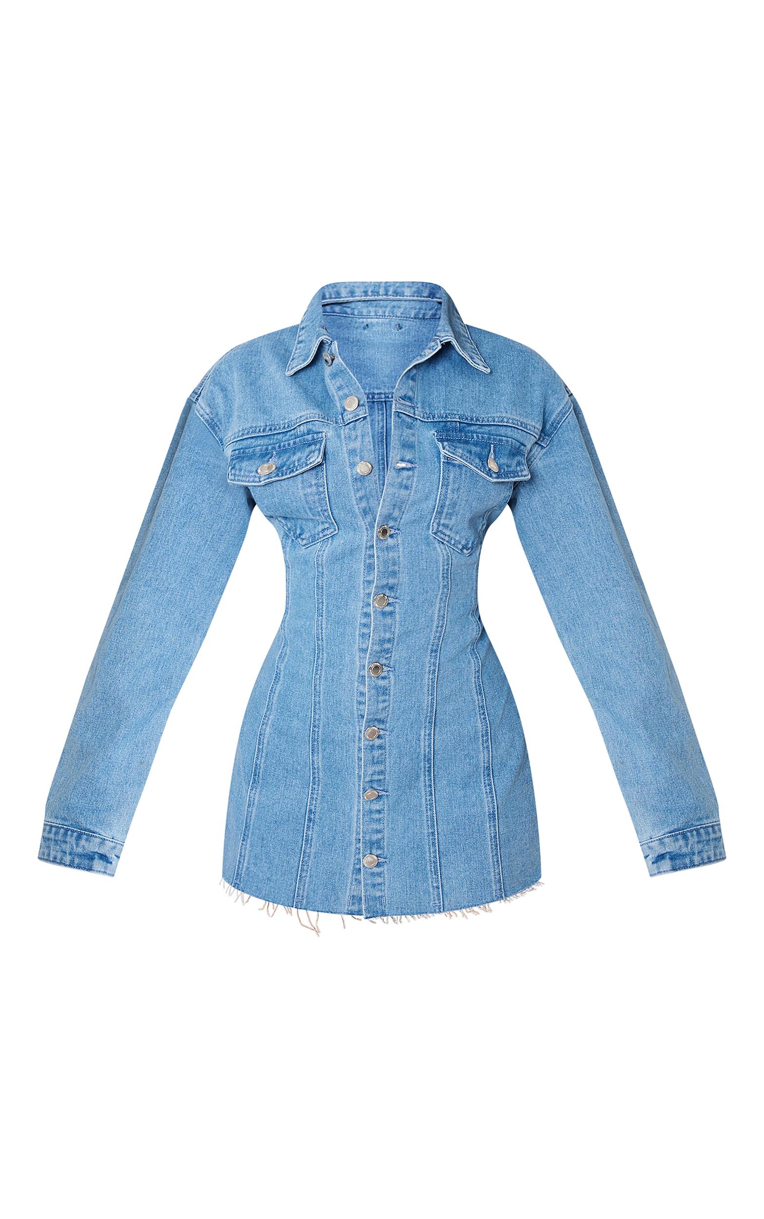 Petite Blue Denim Long Sleeve Fitted Mini Dress Product Image