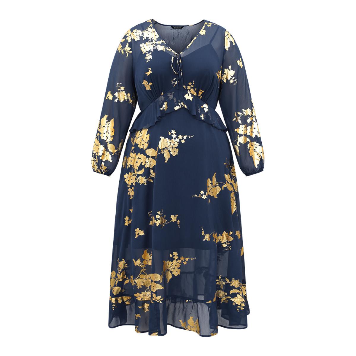 Plus Size Silhouette Floral Print Ruffles Ties Mesh Gathered Dress Navy Women Elegant Elastic cuffs Tie Neck Long Sleeve Curvy Midi Dress BloomChic 28/5X Product Image