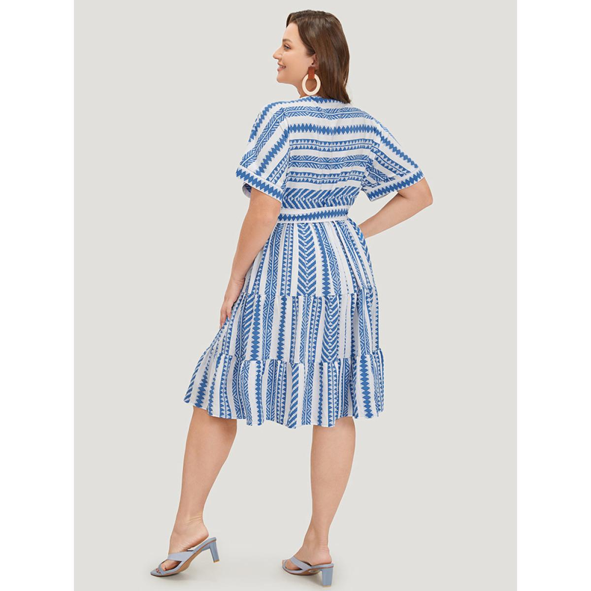 Plus Size Striped Geo Pocket Belt Pocket Layered Hem Dress LightBlue Women Vacation Tiered Round Neck Short sleeve Curvy Knee Dress BloomChic 26/4X Product Image