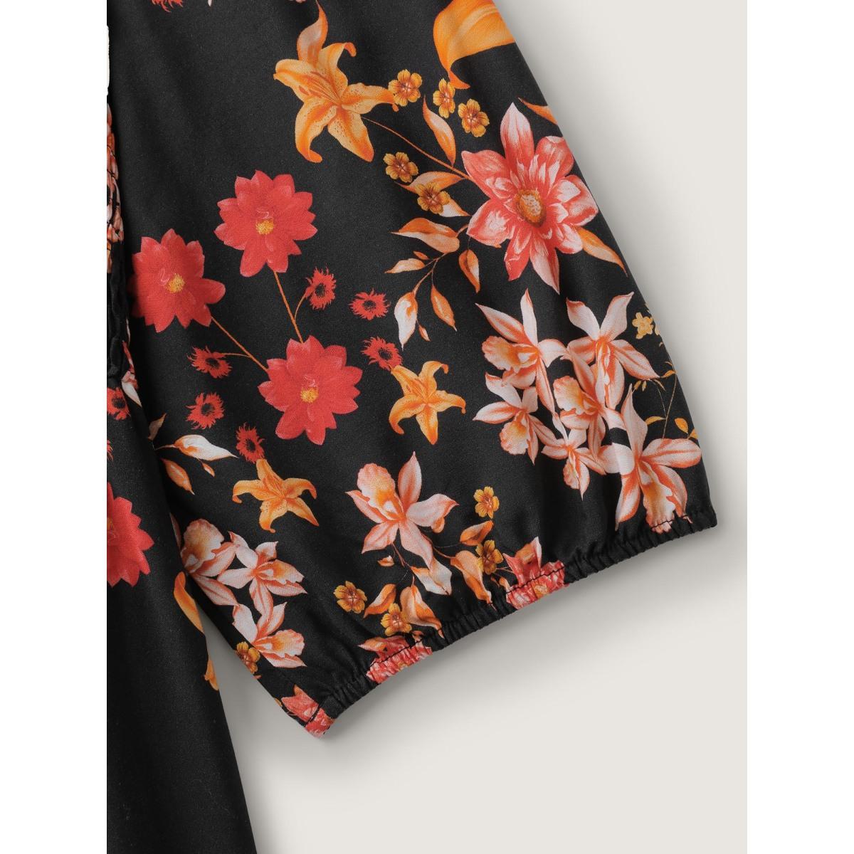 Plus Size Floral Print Lace Trim Shirred Maxi Dress BlackFlower Women Boho Woven ribbon&lace trim Square Neck Elbow-length sleeve Curvy BloomChic 26/4X Product Image