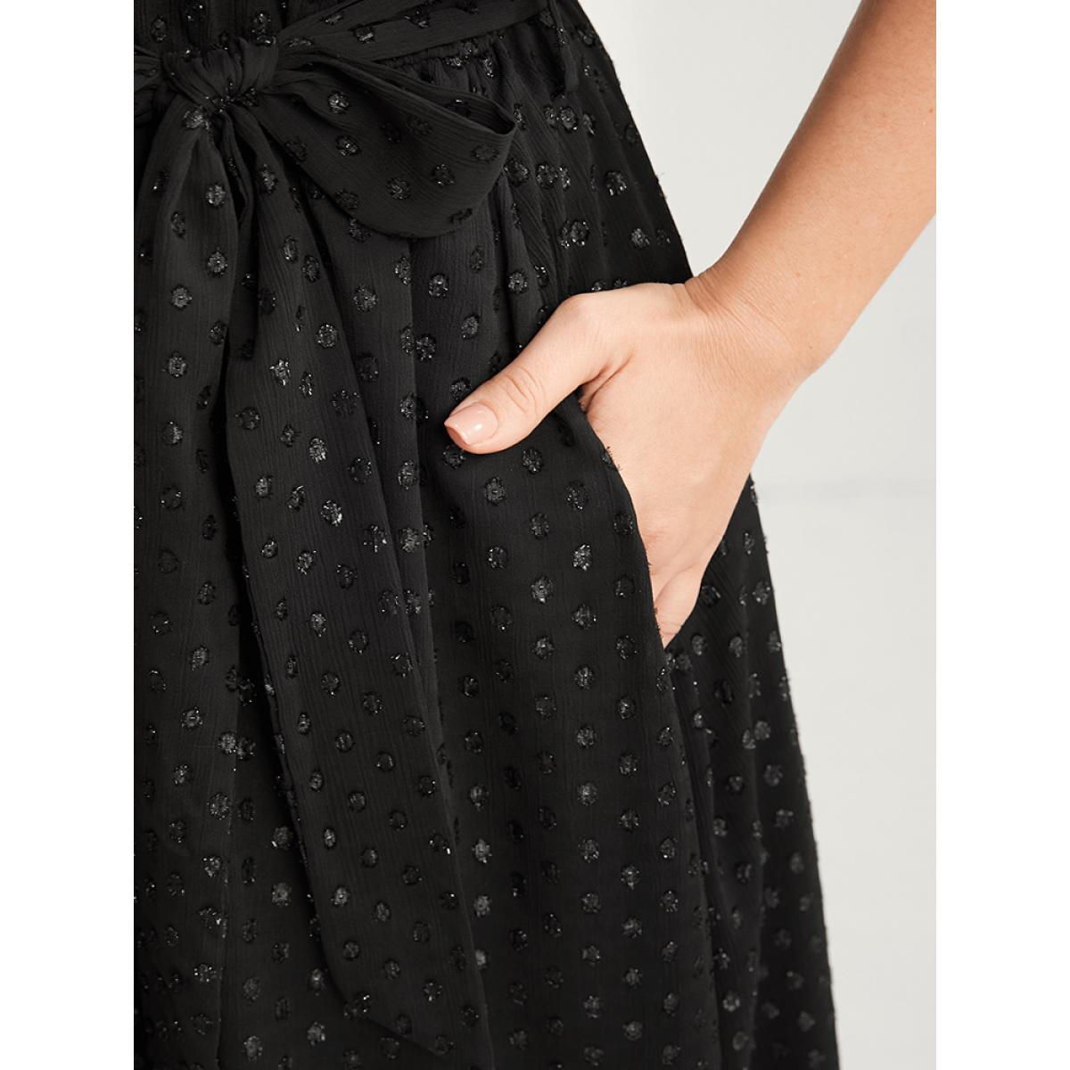 Plus Size Glitter Polka Dot V Neck Pocket Belted Ruffles Hem Dress Black Women Glamour Asymmetrical V-neck Short sleeve Curvy Midi Dress BloomChic 30/6X Product Image
