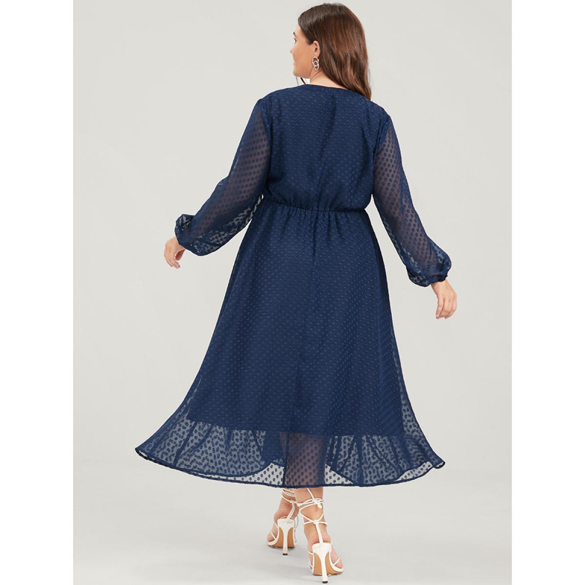 Plus Size Solid Geometric Mesh V Neck Lantern Sleeve Tie Dress Navy Women Glamour Heather V-neck Long Sleeve Curvy Midi Dress BloomChic 10/M Product Image