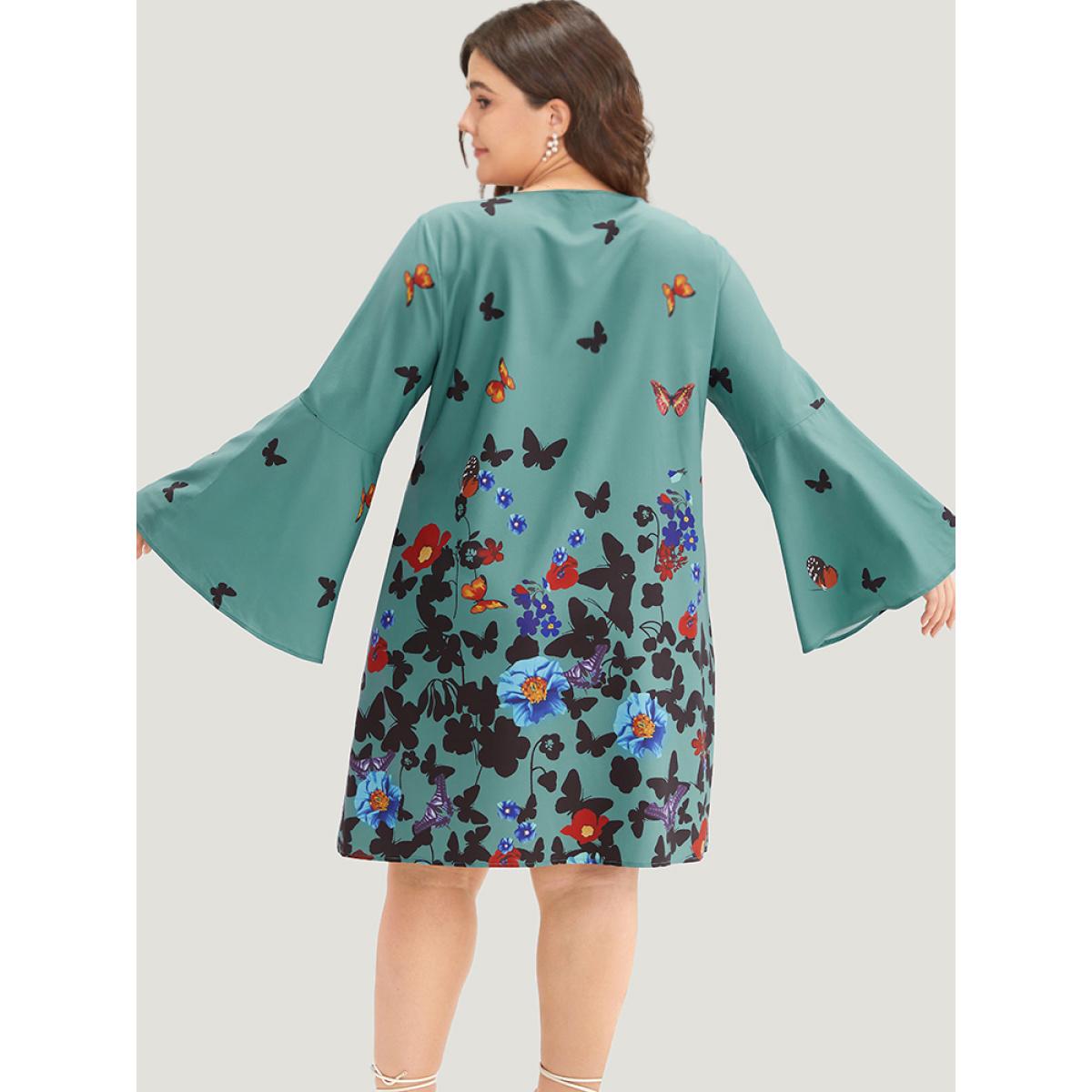 Plus Size Butterfly & Floral Print Knot Neck Bell Sleeve Dress Turquoise Women Elegant Cross straps Tie Neck Long Sleeve Curvy Knee Dress BloomChic 12/L Product Image