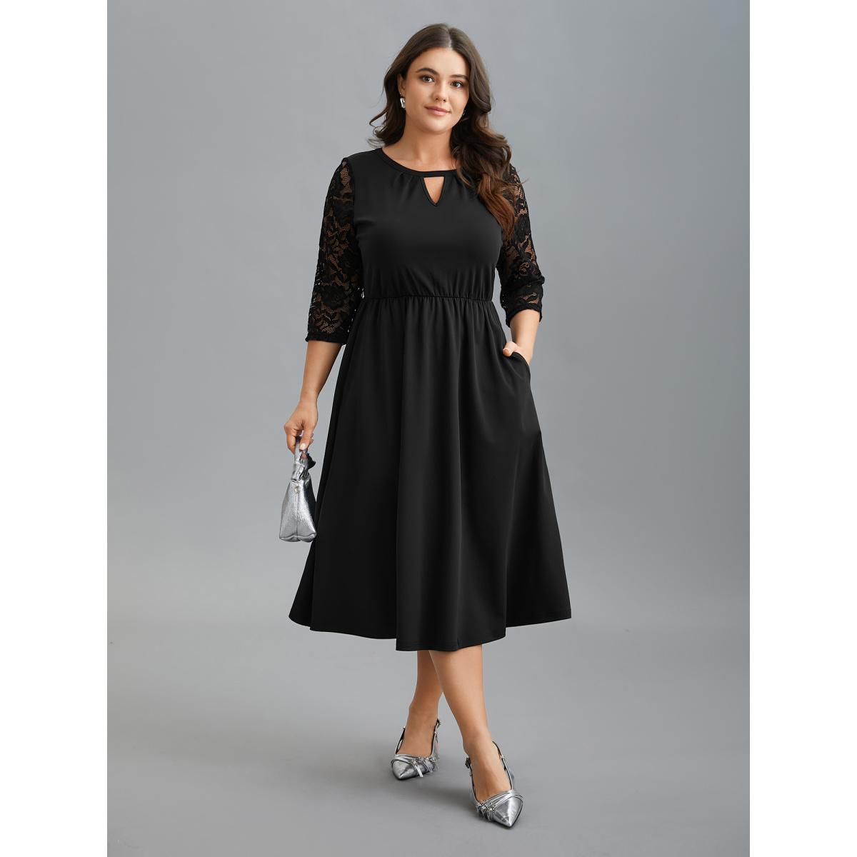 Plus Size Neck Cut-Out Lace Stretchy-Waist Midi Dress Black Women At the Office Texture Knit Dresses Bloomchic 30/6X Product Image