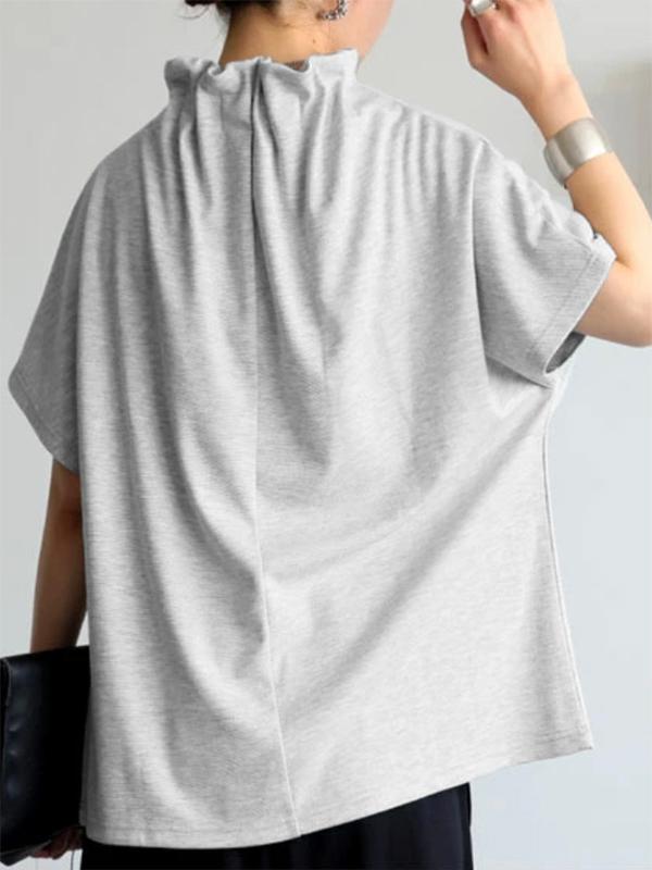 Loose Short Sleeves Solid Color Stand Collar T-Shirts Tops Product Image