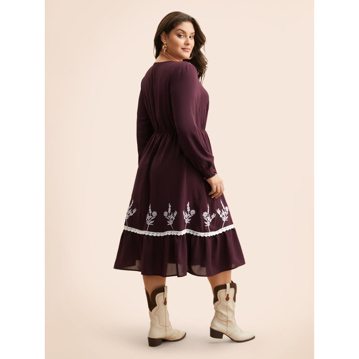 Plus Size Floral Embroidered Crochet Lace Midi Dress Eggplant Women Resort Woven ribbon&lace trim V-neck Long Sleeve Curvy BloomChic 30/6X Product Image