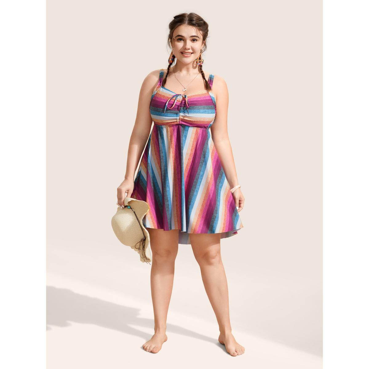 Plus Size Contrast Striped Tie Knot Swim Dress Women's Swimwear Multicolor Bodycon Non High stretch Curve Swim Dresses BloomChic 14-16/1X Product Image