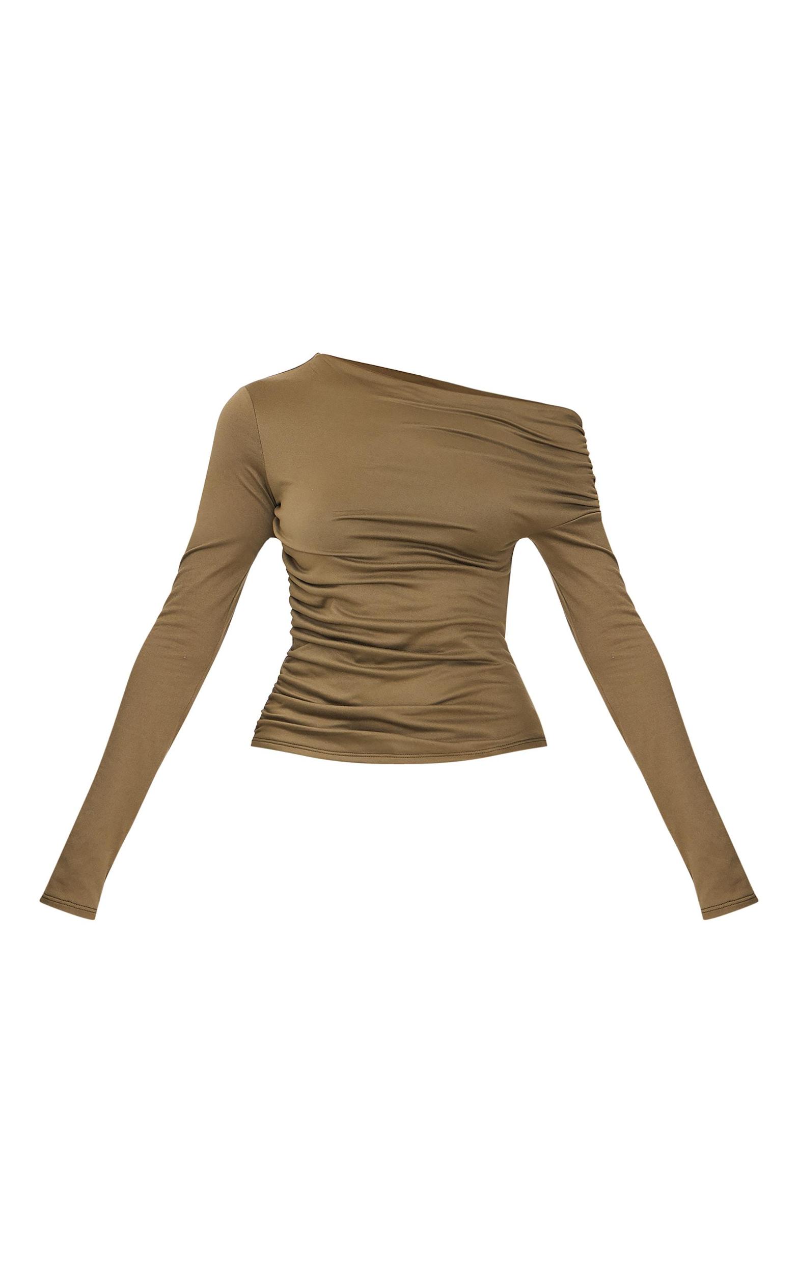 Khaki Contour Jersey Asymmetric Ruched Side Long Sleeve Top Product Image