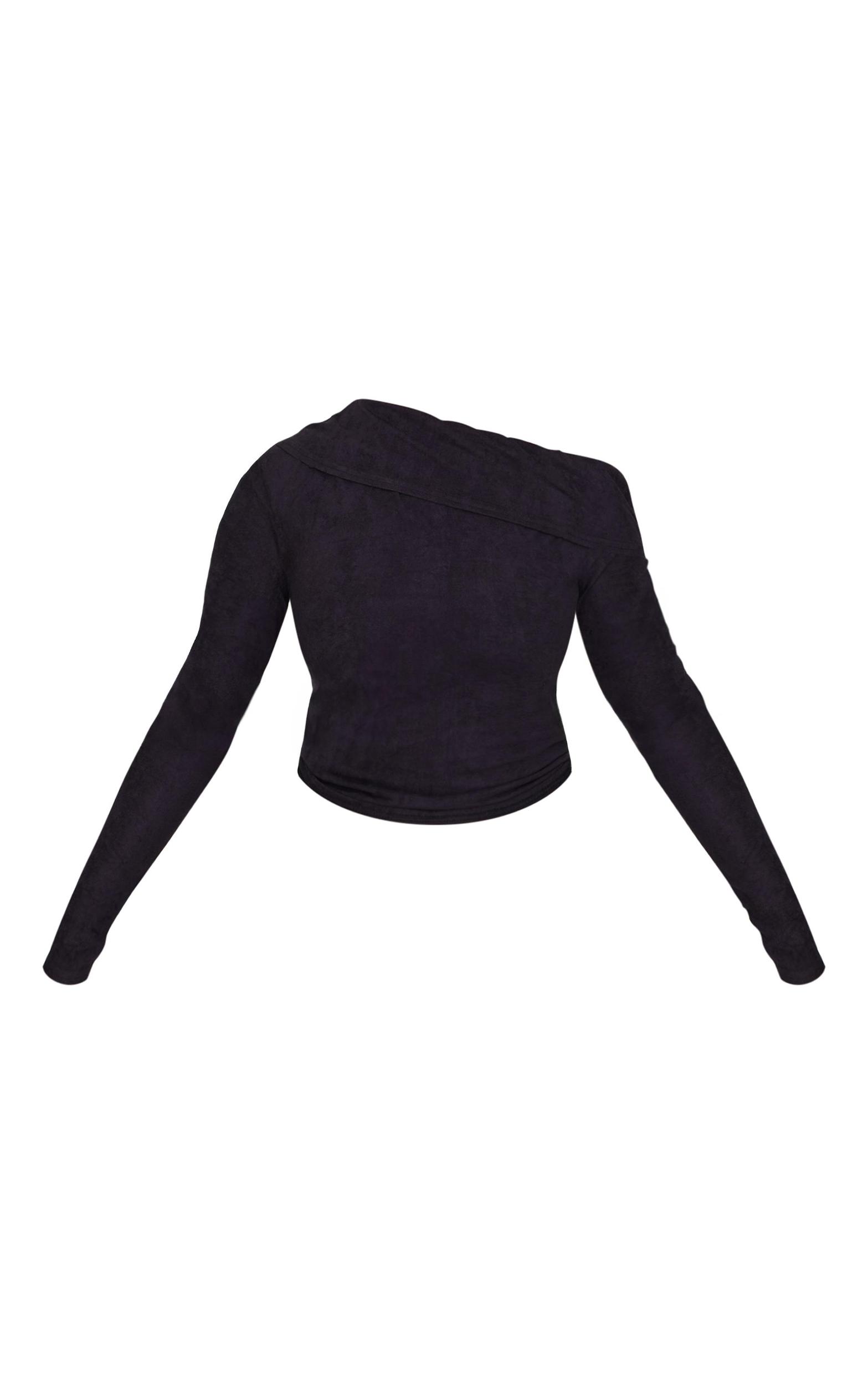 Black Faux Suede Asymmetric Shoulder Long Sleeve Top Product Image