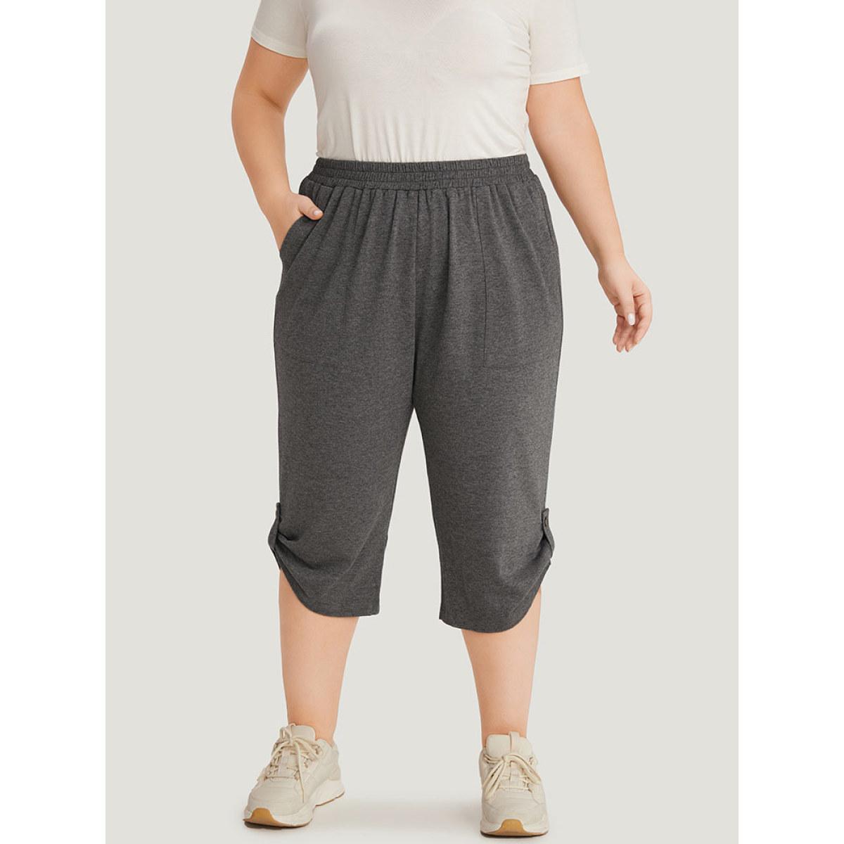 Supersoft Essentials Plain Pocket Button Detail Cropped Sweatpants DimGray Plus Size Women Casual Dailywear Elastic Waist 12/L Bloomchic Product Image
