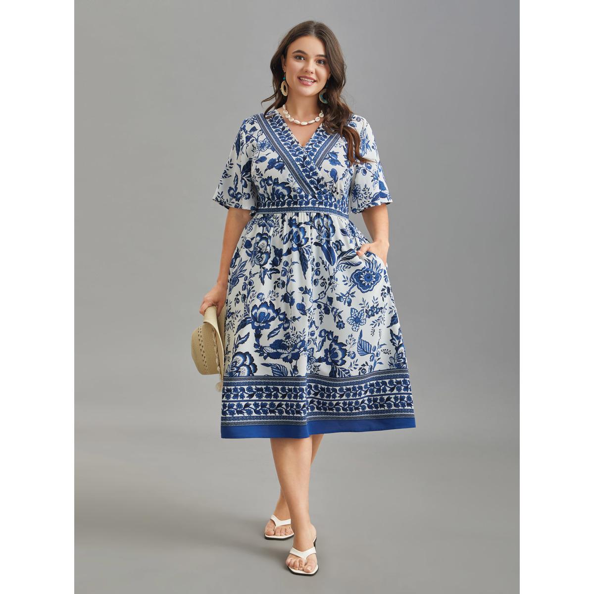 Plus Size Floral Print Wrap-Neck Pocket Midi Dress Navy Women Boho Non Overlap Collar Short sleeve Curvy BloomChic 28/5X Product Image