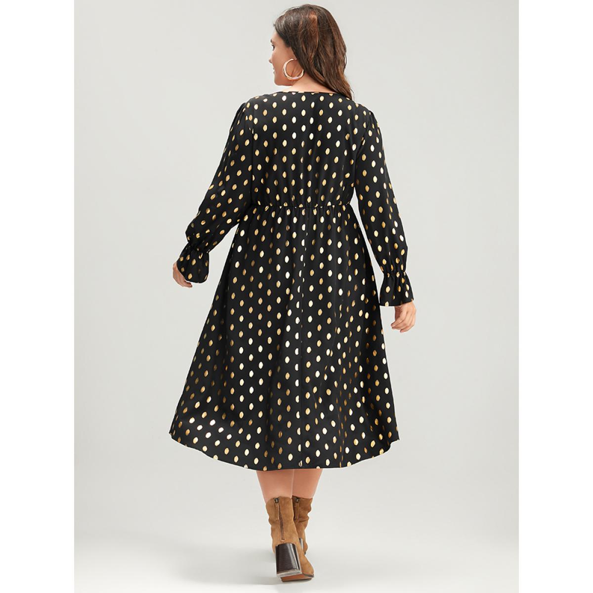 Plus Size Polka Dot Lantern Sleeve Pocket Lace Trim Midi Dress Black Women Party Lace V-neck Long Sleeve Curvy Midi Dress BloomChic 26/4X Product Image
