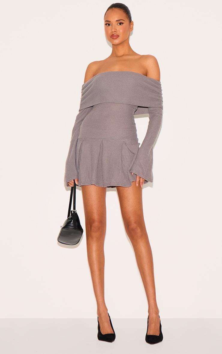 Charcoal Waffle Textured Bardot Pleated Shift Dress Product Image