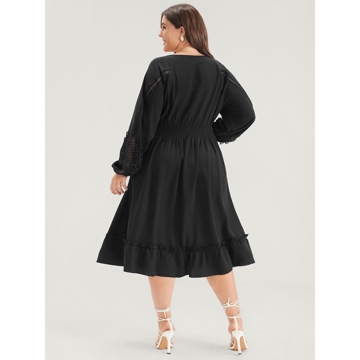 Plus Size Solid Pocket Crochet Lace Lantern Sleeve Ruffle Shirred Midi Dress Black Women Dating Plain V-neck Long Sleeve Curvy Midi Dress BloomChic 10/M Product Image