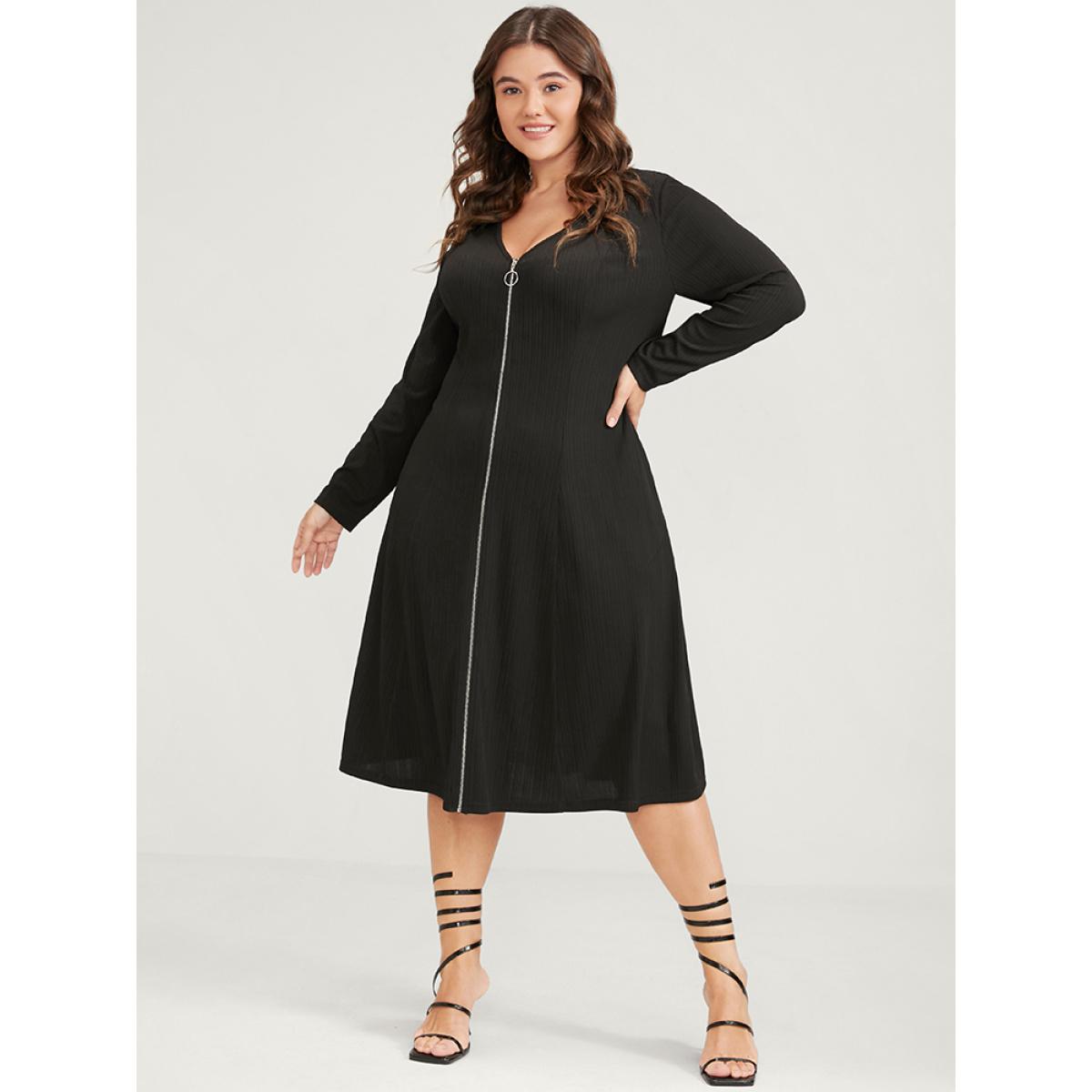 Plus Size Plain V Neck Pocket Zip Up Midi Dress Black Women Office Zipper V-neck Long Sleeve Curvy Midi Dress BloomChic 12/L Product Image