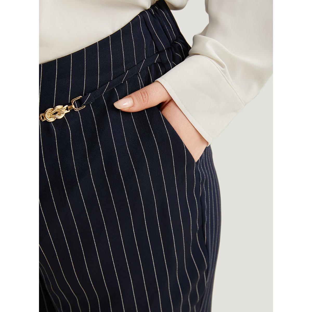 Plus Size Striped Mid Rise Buckle Detail Pants Women DarkBlue Office Straight Leg Mid Rise Work Pants BloomChic 22-24/3X Product Image