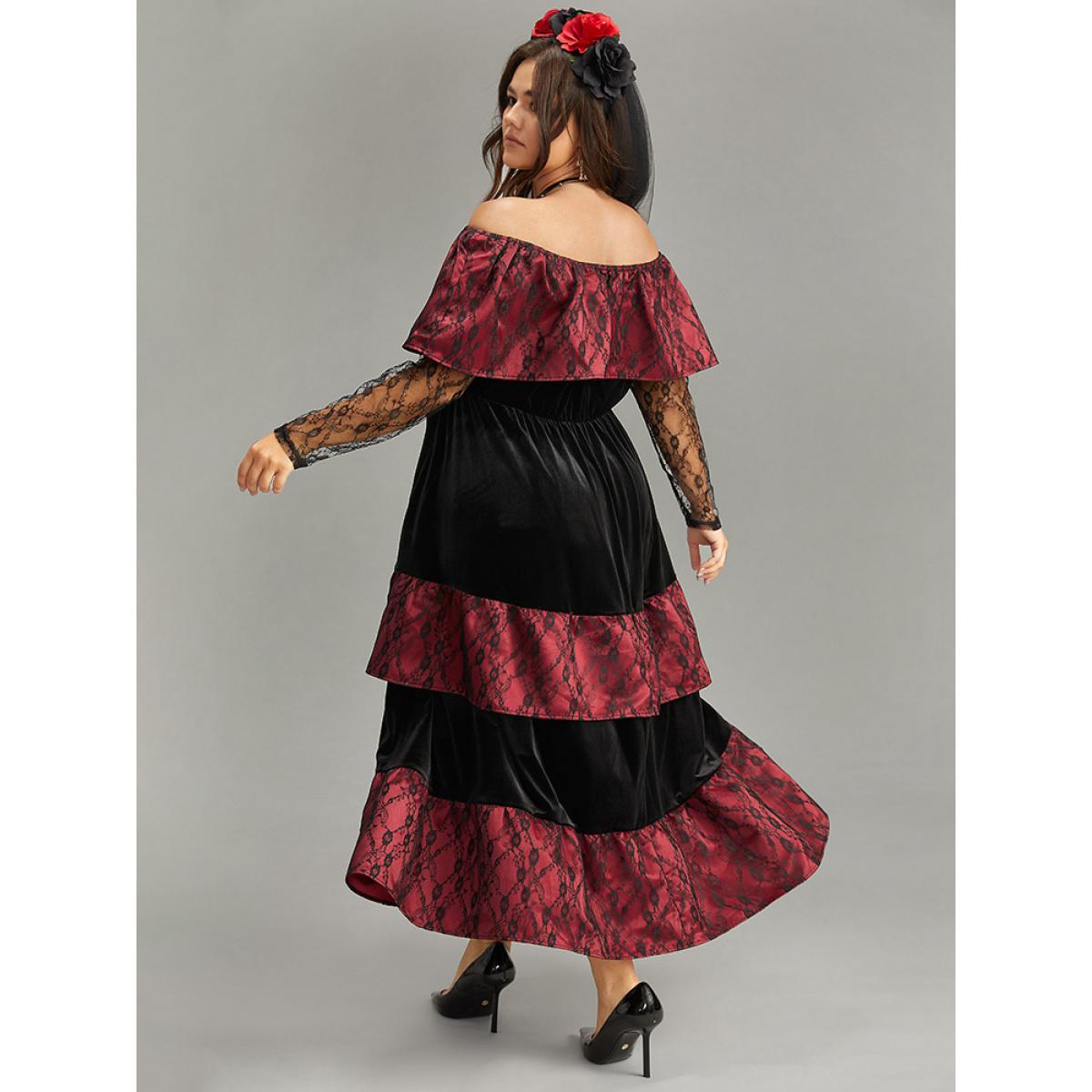 Plus Size Off Shoulder Lace Insert Mesh Layered Dress Black Women Elegant See through One-shoulder neck Long Sleeve Curvy Midi Dress BloomChic 18-20/2X Product Image