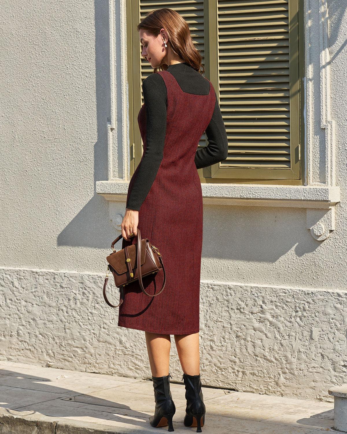 Red Sleeveless Slit Button Midi Dress Product Image