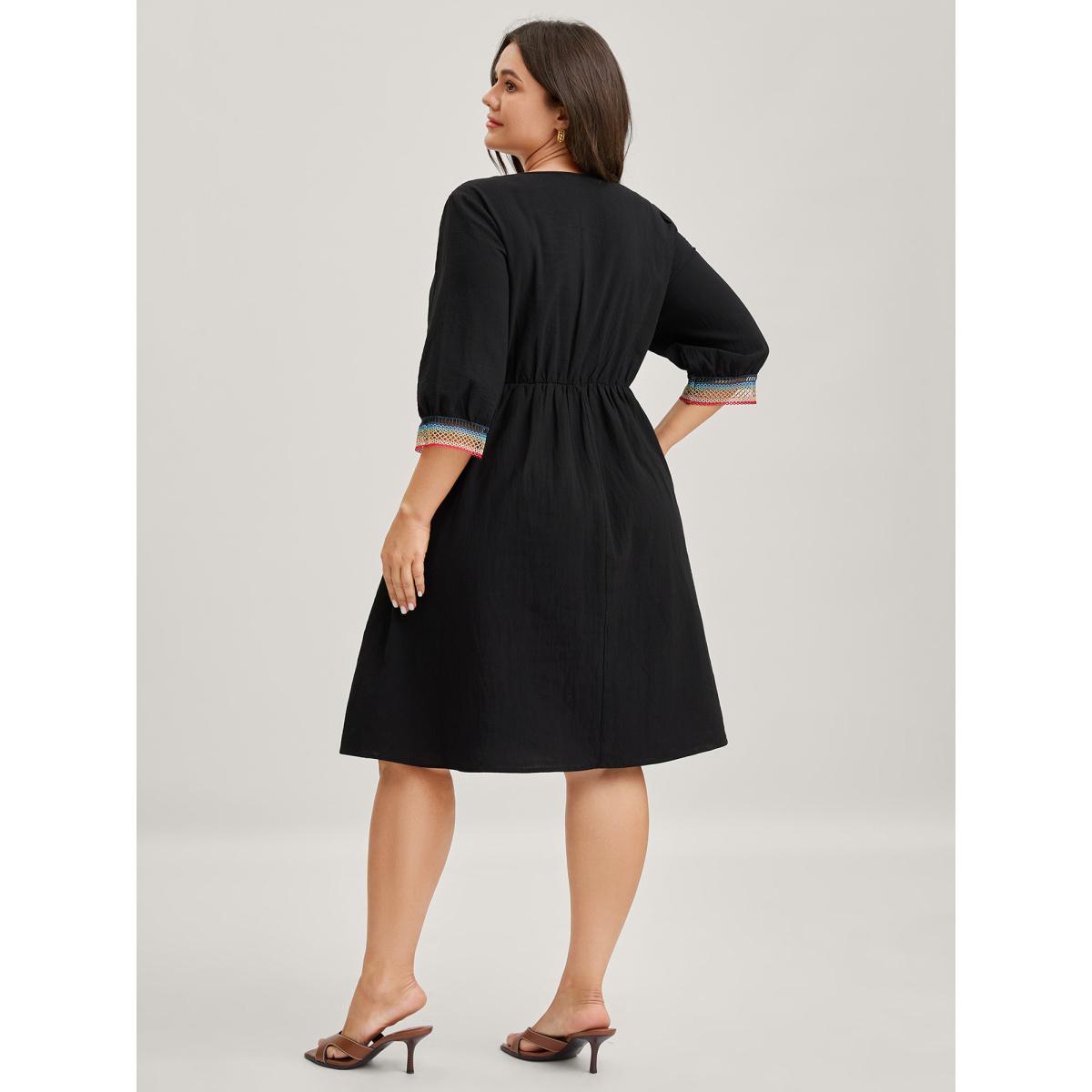 Plus Size Pure Cotton Colorful Lace Midi Dress Black Women V-neck Elbow-length sleeve Curvy BloomChic 10/M Product Image