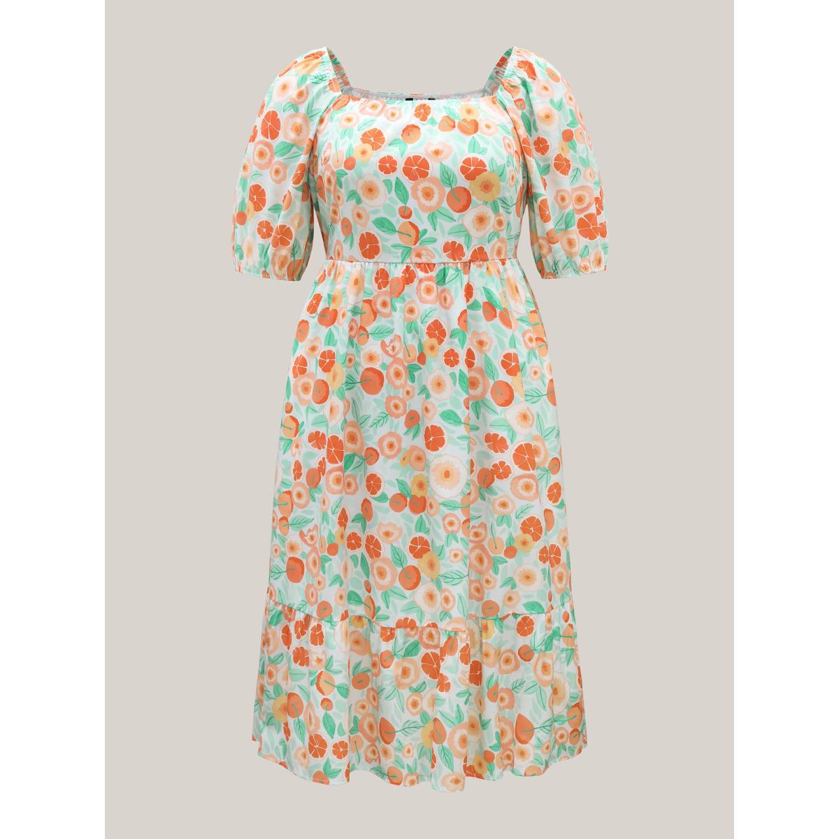 Plus Size Fruity Print Square Neck Puff Sleeve Dress Multicolor Women Elegant Non Square Neck Half Sleeve Curvy BloomChic 22-24/3X Product Image