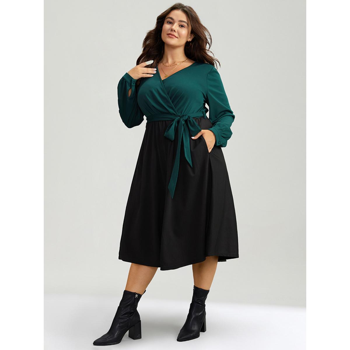Plus Size Contrast Patchwork Bowknot Overlap Collar Dress DarkGreen Women Elegant Belted V-neck Long Sleeve Curvy Midi Dress BloomChic 14-16/1X Product Image